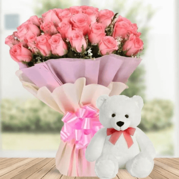 Bouquet Of 30 Pink Roses with Teddy