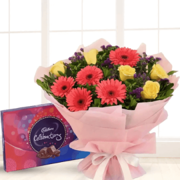 Bouquet of 5 Pink Gerberas n 5 Yellow Roses with Cadbury Celebrations