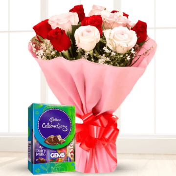 Bouquet Of 6 Red and 6 White Roses with Small Cadbury Celebration