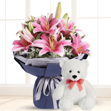Bouquet Of Pink Lilies with Teddy