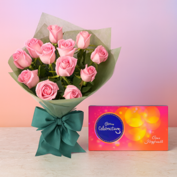 Bunch Of 12 Pink Roses And Cadbury Celebrations Chocolate Box