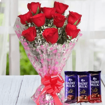 Bunch of 10 Red Roses with 3 Dairy Milk Silk Chocolates