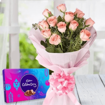 Bunch of 12 Pink Roses with Cadbury Celebrations