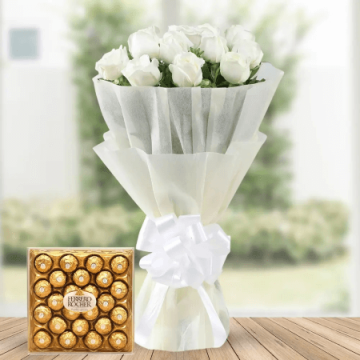 Bunch of 12 White Roses with 24 Pcs Ferrero Rocher