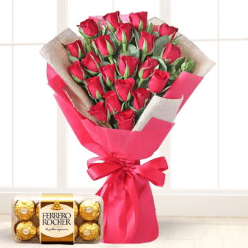 Bunch of 20 Red Roses with 16 Pcs Ferrero Rocher