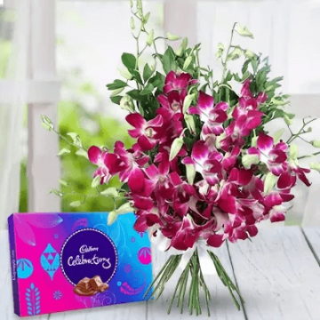Bunch of 5 Purple Orchids with Cadbury Celebration