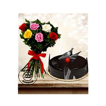 Eggless Chocolate Truffle Cake Half Kg with 6 Mix Roses Bunch