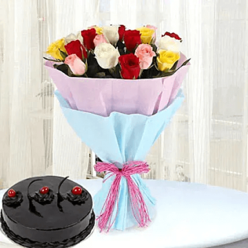 Chocolate Truffle Cake 1 Kgs with 6 Mix Roses Bunch