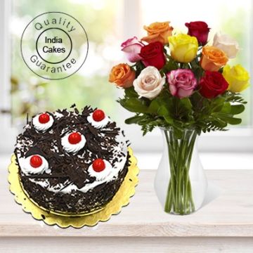 1 Kg Black Forest Cake with 12 Mix Roses Bunch