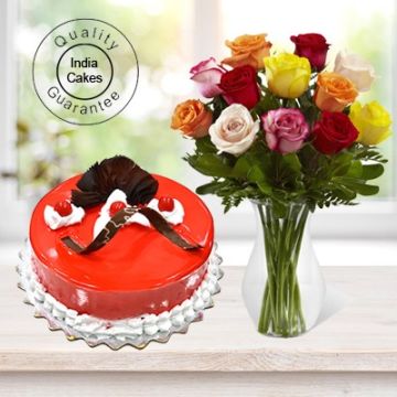 Eggless Strawberry Cake 1 Kg with 12 Mix Roses Bunch