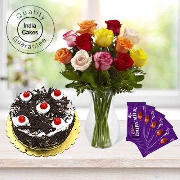 Eggless Black Forest Cake 1.5 Kg with 6 Mix Roses Bunch and 5 Chocolates
