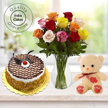 Eggless Butterscotch Cake 1 Kg with 6 Mix Roses Bunch and a Teddy Bear