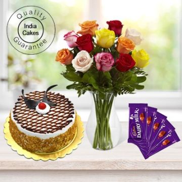 Eggless Butterscotch Cake 1.5 Kg with 6 Mix Roses Bunch and 5 Chocolates