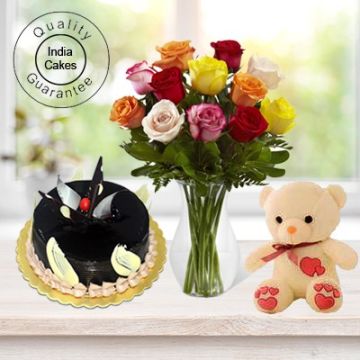 Eggless Chocolate Truffle Cake 1 Kg with 6 Mix Roses Bunch and a Teddy Bear
