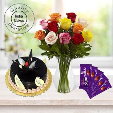 Eggless Chocolate Truffle Cake 1.5 Kg with 6 Mix Roses Bunch and 5 Chocolates