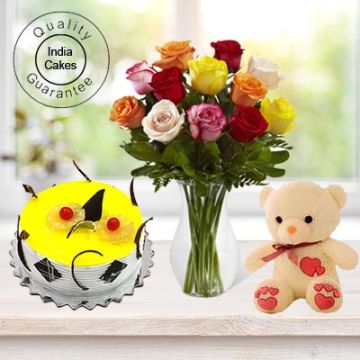 1 Kg Pineapple Cake-6 Mix Roses Bunch-Teddy Bear