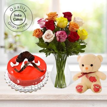 Eggless Strawberry Cake 1 Kg with 6 Mix Roses Bunch and a Teddy Bear