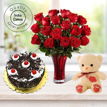 Eggless Black Forest Cake 1 Kg with 6 Red Roses Bunch and a Teddy Bear