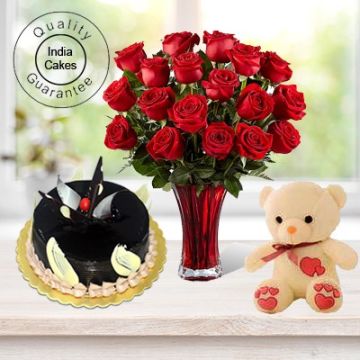 Eggless Chocolate Truffle Cake 1 Kg with 6 Red Roses Bunch and a Teddy Bear