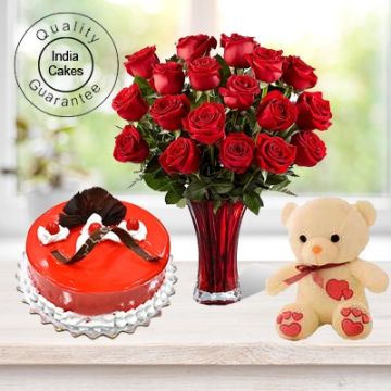 Eggless Strawberry Cake 1 Kg with 6 Red Roses Bunch and a Teddy Bear