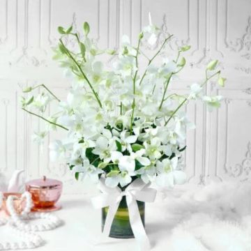 Divine Beauty of 10 White Orchids in Glass Vase