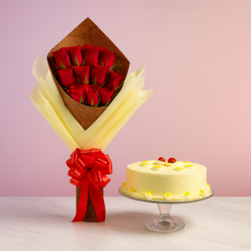 Eggless Butterscotch Cake 1 Kg with 6 Red Roses Bunch