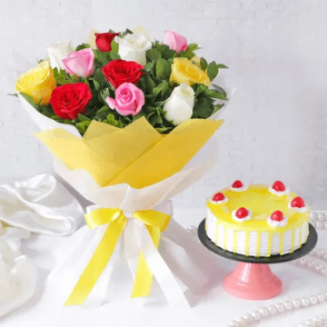 Eggless Pineapple Cake Half Kg with 6 Mix Roses Bunch