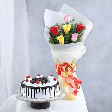 Eggless Attractive 6 Mix Roses Bouquet with Half Kg Black Forest Cake Combo