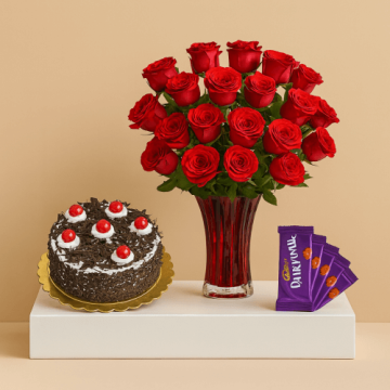 Eggless Half Kg Black Forest Cake with 6 Red Roses Bunch and 5 Chocolates