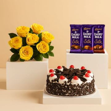Eggless Half Kg Black Forest Cake with 6 Yellow Roses Bunch and 3 Cadbury Silk Chocolates