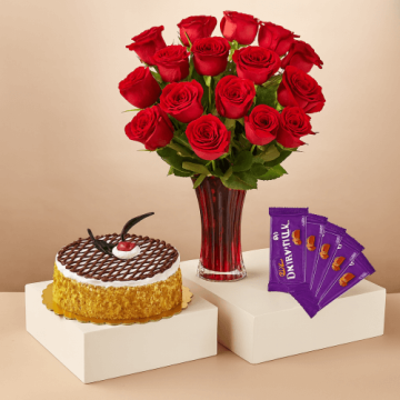 Eggless Butterscrotch Cake 1 Kg with 6 Red Roses Bunch and 5 Chocolates