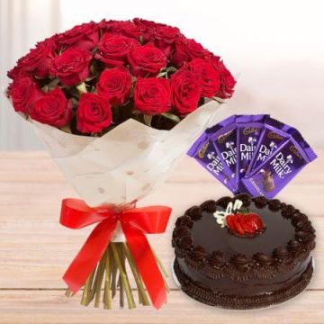 Half Kg Chocolate Truffle Cake-6 Red Roses Bunch-5 Chocolates