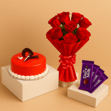 Eggless Strawberry Cake Half Kg with 6 Red Roses Bunch and 5 Chocolates