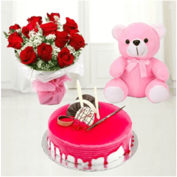 Eggless Strawberry Cake Half Kg with 6 Red Roses Bunch and a Teddy Bear