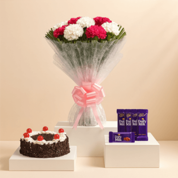 Half Kgs Black Forest Cake with 6 Mix Carnation Bunch and 5 Chocolates