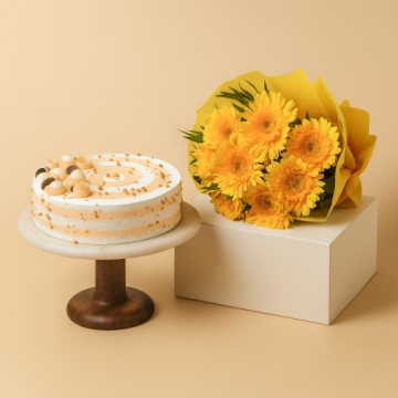 Half Kg Butter Scotch Cake With 6 Yellow Gerberas