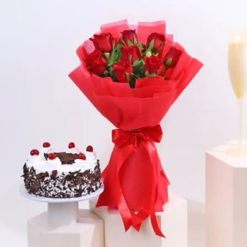 Half Kg Harmony Black Forest Cake with 10 Red Roses Combo