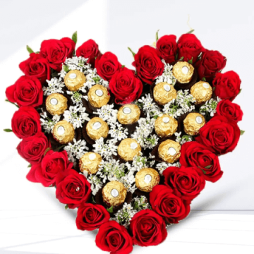 Heart Shape Arrangement of 18 Red Roses with 16 Pcs Ferrero Rocher