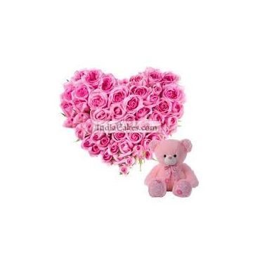 Heart Shaped Arrangement of 35 Lovely Pink Roses and Teddy Bear