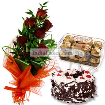 6 Red Rose Bunch,1/2 Kg Black Forest Cake , 16 Pcs Ferrero Rocher Chocolates