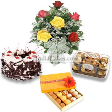Half Kg Black Forest Cake- 16 Ferero Rocher Chocolates-Half Kg Assorted Sweets-6 Mix Roses