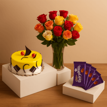 Half Kg Pineapple Cake-6 Mix Roses Bunch-5 Chocolates