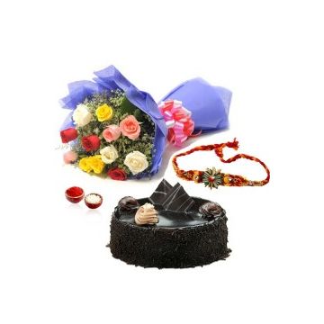12 Mix Roses 1 Kg Chocolate Truffle Cake Rakhi