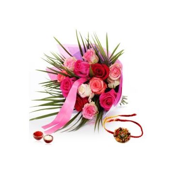 12 Mix Roses With Green Fillers With Rakhi