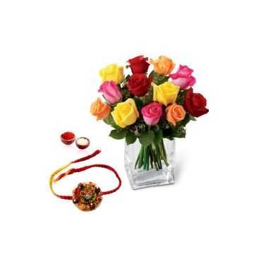 12 Mixed Color Roses With Vase And Rakhi