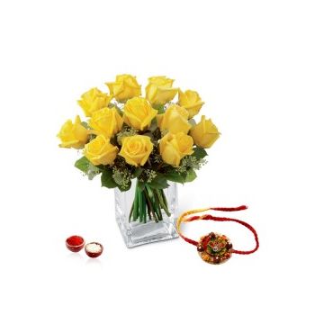 12 Yellow Roses Vase With Rakhi