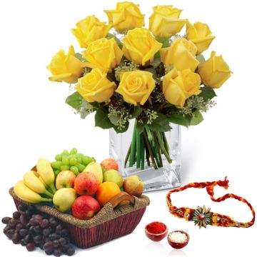 12 Yellow Roses and 3 Kg Mix Fruits With Rakhi