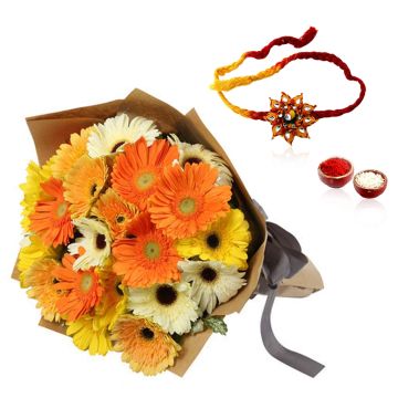 15 Mix Gerberas Bunch With Rakhi