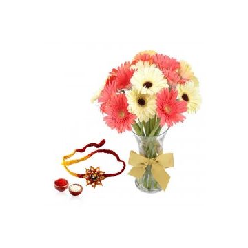 15 Mix Gerberas Vase With Rakhi