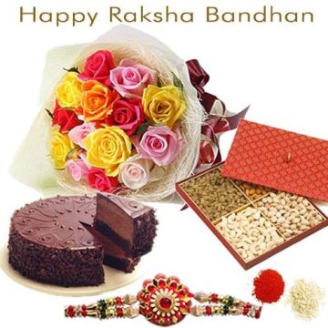 15 Mix Roses With Half Kg Assorted Dry Fruits With Half Kg Chocolate Cake With Rakhi